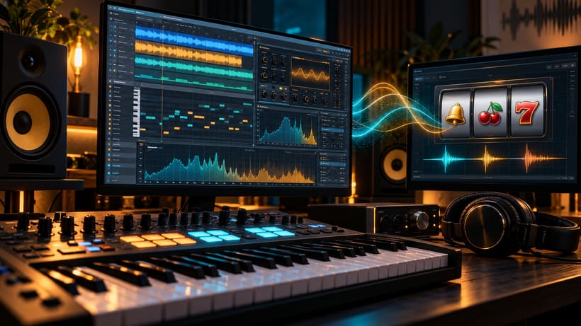 Homestudio mit MIDI-Keyboard, Studiomonitoren und Sequenzer-Software; eine Klangwelle führt zu einem Spielautomaten auf dem zweiten Bildschirm